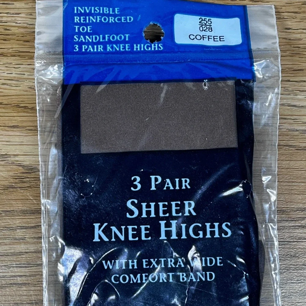 Honors Women Knee Highs 3 Pair Coffee Brown Nylon Sheer Wide Band Vintage 90s OS